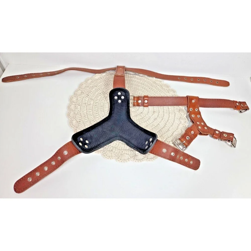 BESTIA The ''Maximus'' Dog Collar Harness Genuine Leather Brown Silver S-M EUC *